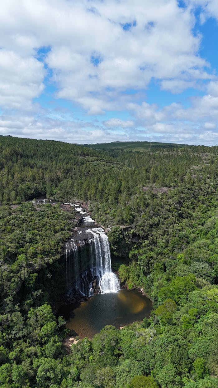 services-03 Capture of a majestic waterfall surrounded by dense greenery in Sengés, Brazil.